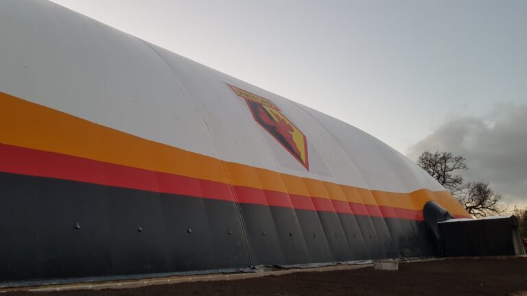 A Covair air dome over the training pitch at Watford FC